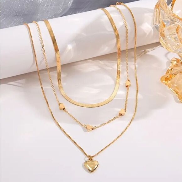 3 Pack Stainless Steel Chain Necklaces with Heart Shaped Charms  Gold Plated - Picture 3 of 7